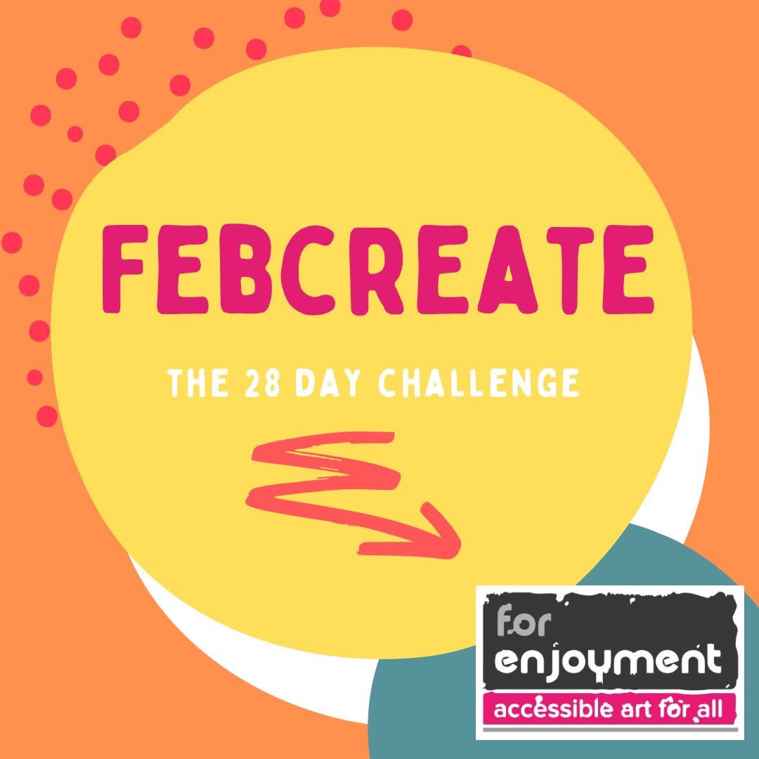 The logo for Febcreate. A  sun like object on an orange background. The writing on the yellow circle says: Febrcreate, the 28 day challenge.